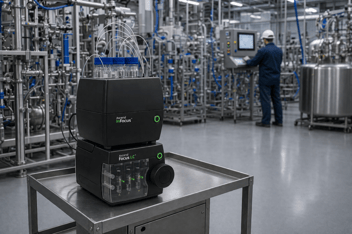 The InFocus stacked on top of the Axcend Focus LC (compact, portable HPLC), placed on a cart near reactors to enable Process Analytical Technology.