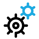 A black and blue icon depicting interlocking gears