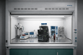 The InFocus stacked on top of the Axcend Focus LC (compact, portable HPLC), placed in a fume hood to enable real-time Process Analytical Technology.